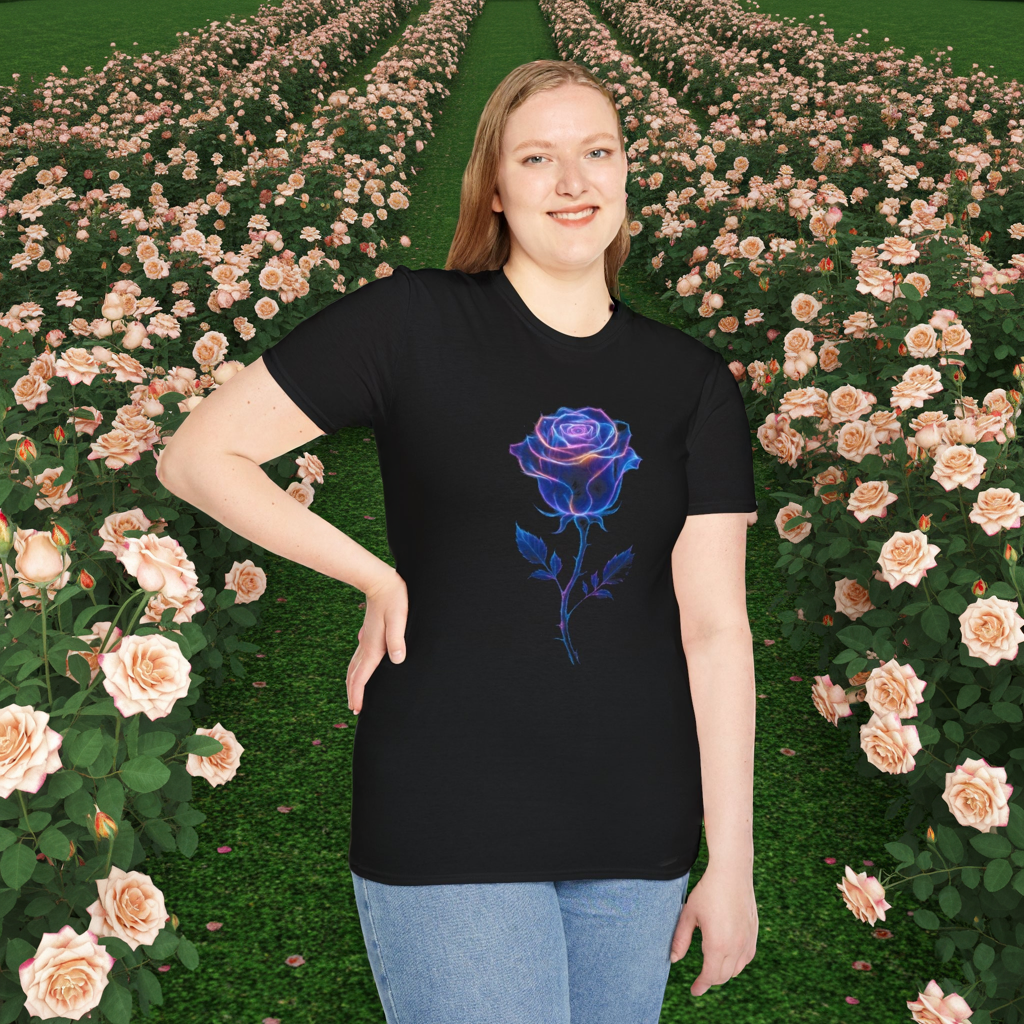 neon rose t-shirt, glowing rose tee, floral graphic shirt, neon flower design, botanical t-shirt, glow aesthetic top, trendy rose apparel