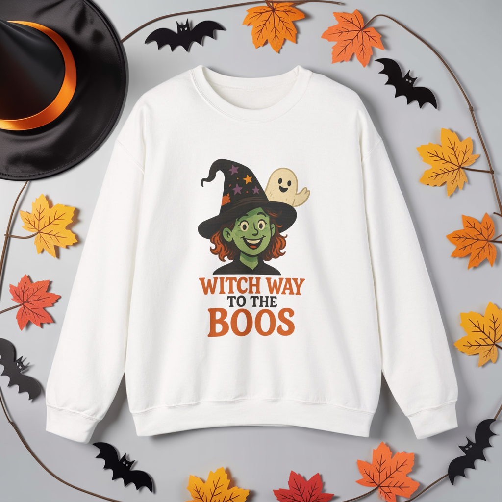 Witch Way To The Boos Sweatshirt, Funny Witch Halloween Crewneck, Witchy Ghost Sweatshirt, Spooky Season Graphic Pullover, Lighthearted Halloween Wear