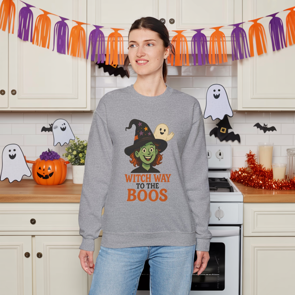 Witch Way To The Boos Sweatshirt, Funny Witch Halloween Crewneck, Witchy Ghost Sweatshirt, Spooky Season Graphic Pullover, Lighthearted Halloween Wear