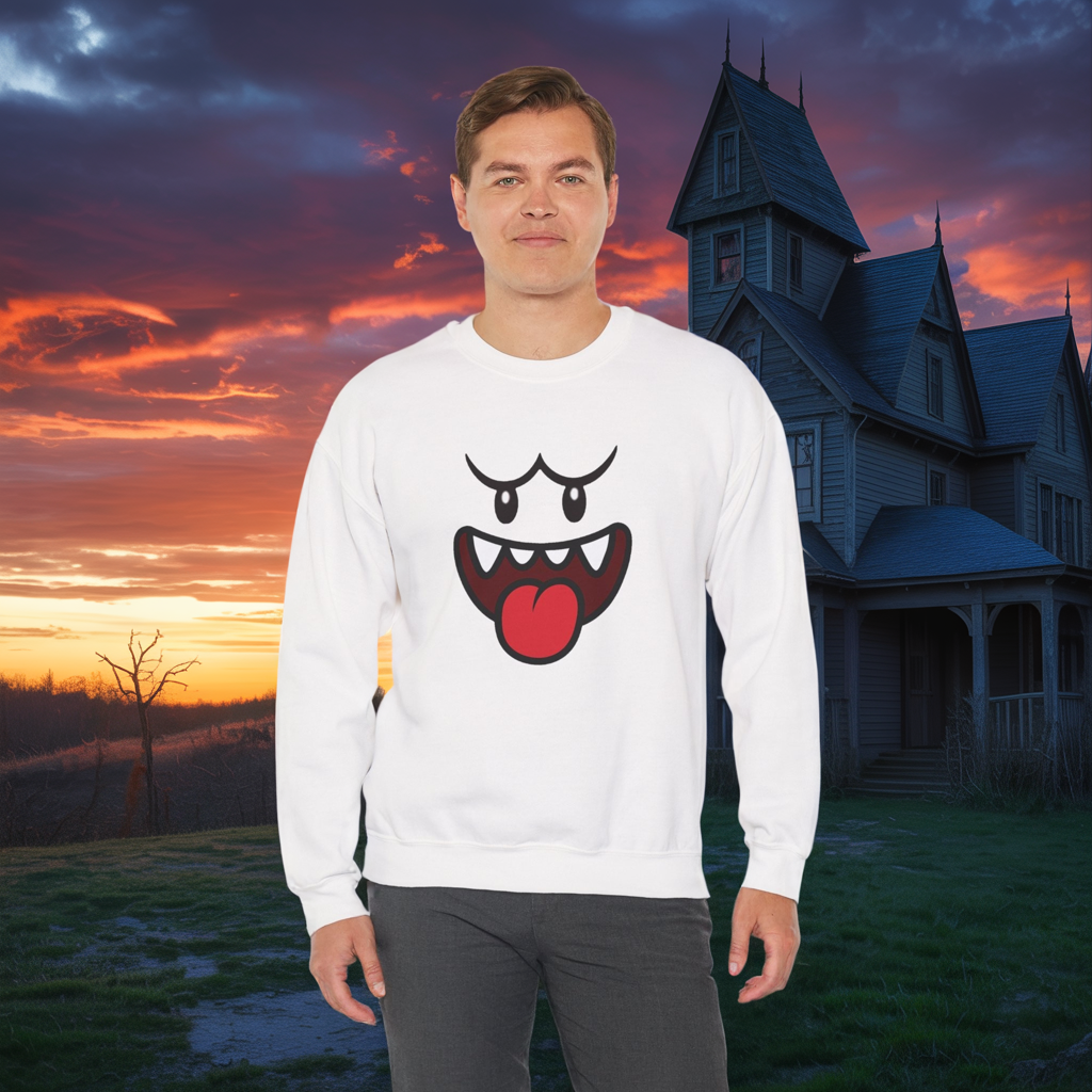 Spooky Grin Sweatshirt, Cartoon Ghost Face Crewneck, Halloween Grinning Ghost Sweatshirt, Cute Monster Smile Pullover, Spooky Season Graphic Sweat