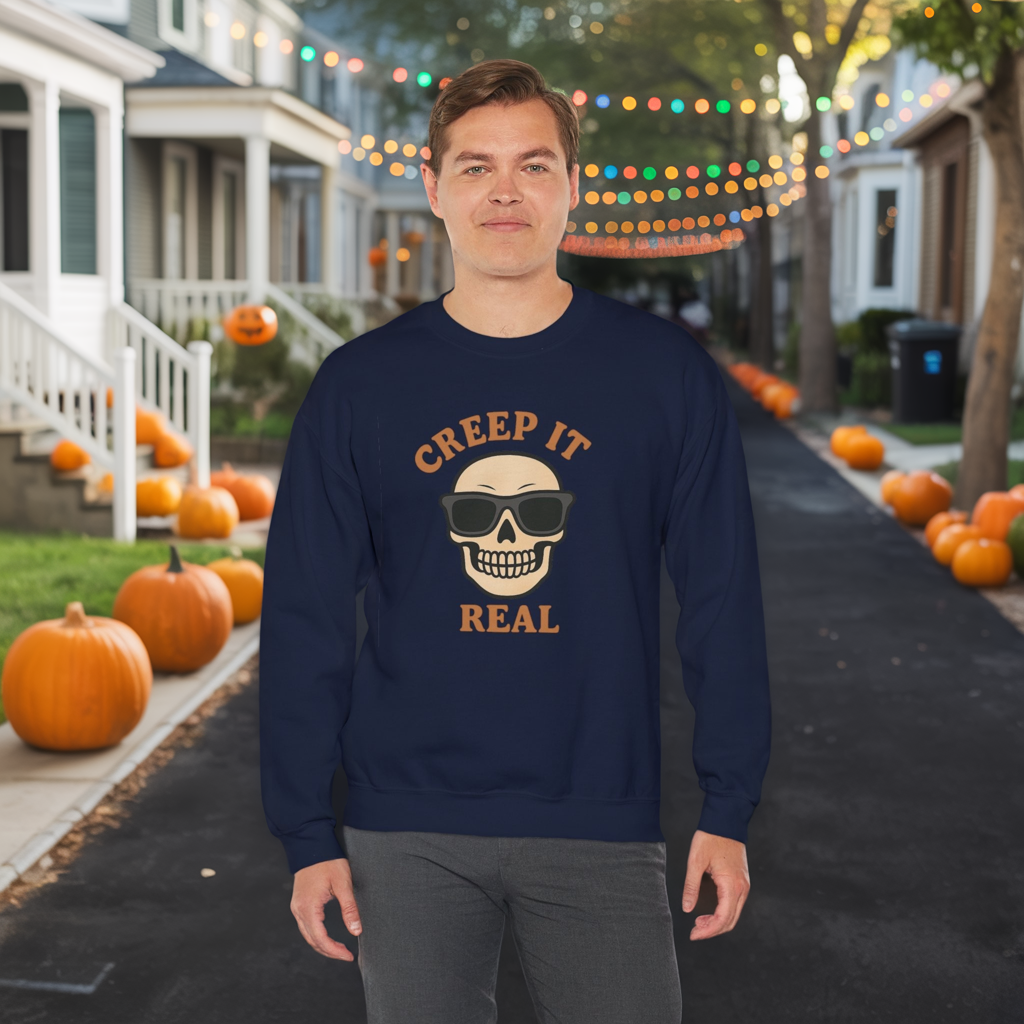Creep It Real Skull Sweatshirt, Funny Halloween Skull Crewneck, Spooky Skeleton Pullover, Dark Graphic Sweatshirt, Unisex Halloween Gift