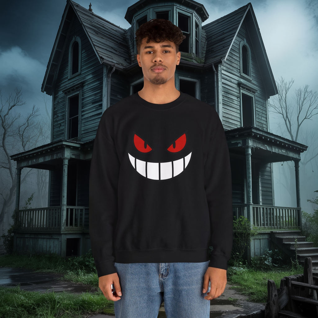Evil Grin Sweatshirt, Creepy Skull Face Crewneck, Spooky Halloween Pullover, Dark Grinning Ghost Tee, Unisex Scary Smile Sweatshirt
