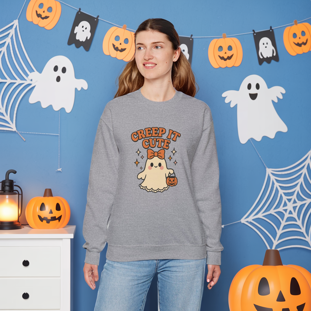 Cute Ghost Sweatshirt, Creep It Cute Crewneck, Spooky Halloween Pullover, Sweet Ghost Graphic Sweatshirt, Trick-Or-Treat Gift Top