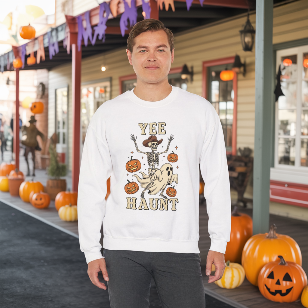 Yee Haunt Sweatshirt, Skeleton Ghost Pullover, Funny Halloween Crewneck, Spooky Pumpkin Ghost Tee, Haunting Night Graphic Sweatshirt