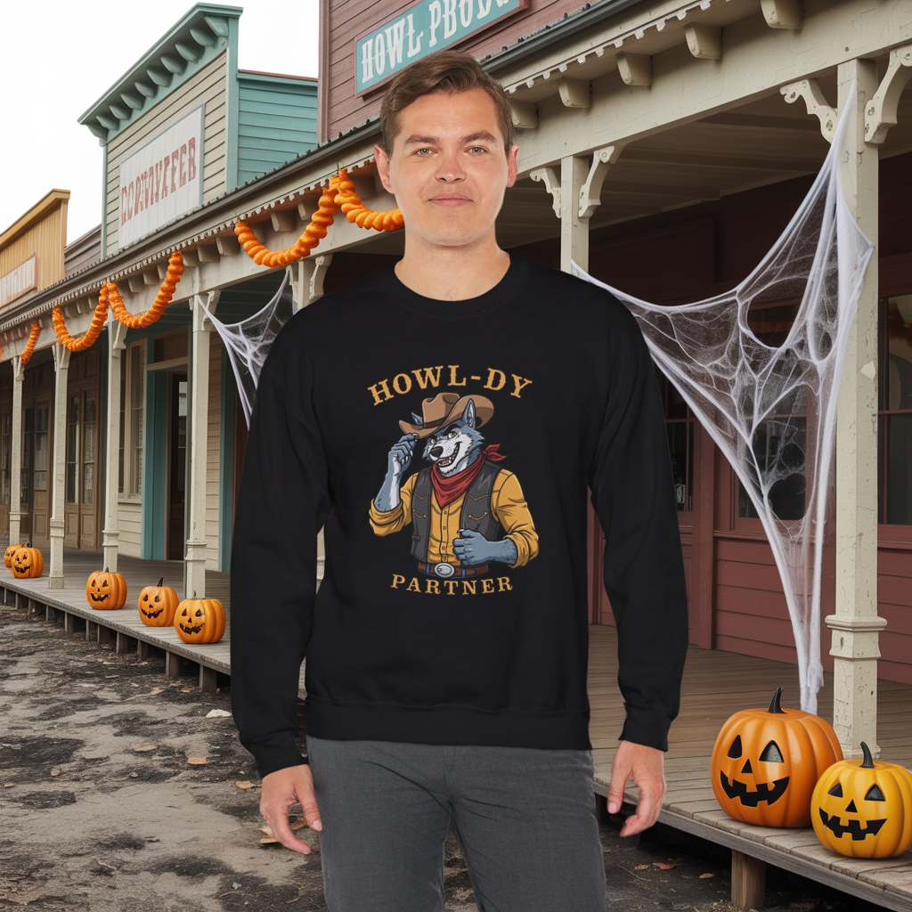Howl-dy Partner Wolf Sweatshirt, Cowboy Werewolf Halloween Crewneck, Western Spooky Graphic Pullover for Animal Lover Gift Sweatshirt