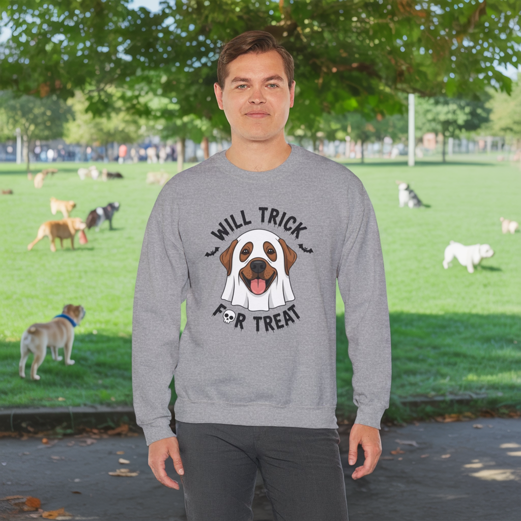 Will Trick for Treat Sweatshirt, Ghost Dog Halloween Crewneck, Funny Pet Costume Graphic Pullover, Trick-or-Treat Dog Lover Gift Sweater