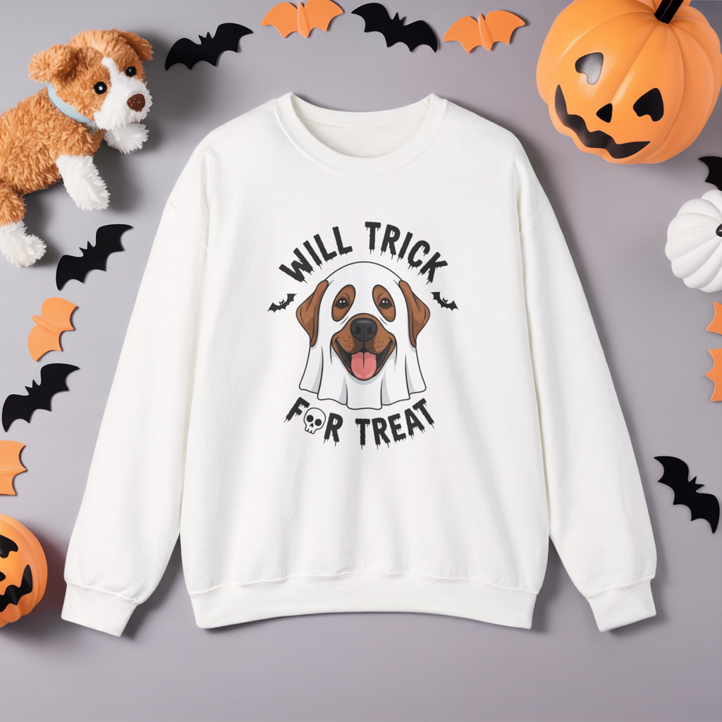 Will Trick for Treat Sweatshirt, Ghost Dog Halloween Crewneck, Funny Pet Costume Graphic Pullover, Trick-or-Treat Dog Lover Gift Sweater