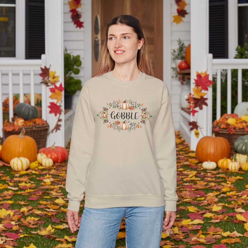 Gobble Thanksgiving Sweatshirt, Rustic Fall Turkey Crewneck, Autumn Pumpkin Floral Pullover, Thanksgiving Outfit Sweater Gift