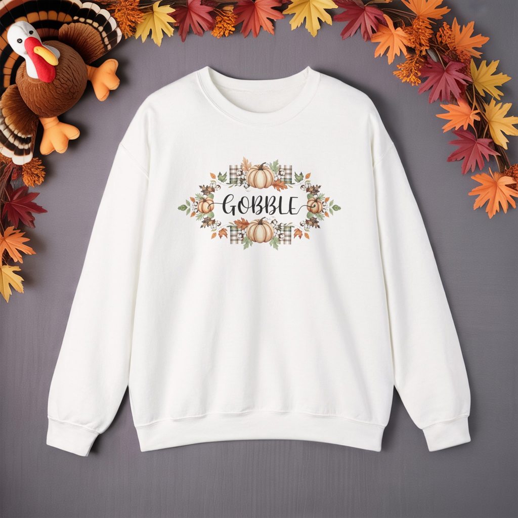 Gobble Thanksgiving Sweatshirt, Rustic Fall Turkey Crewneck, Autumn Pumpkin Floral Pullover, Thanksgiving Outfit Sweater Gift