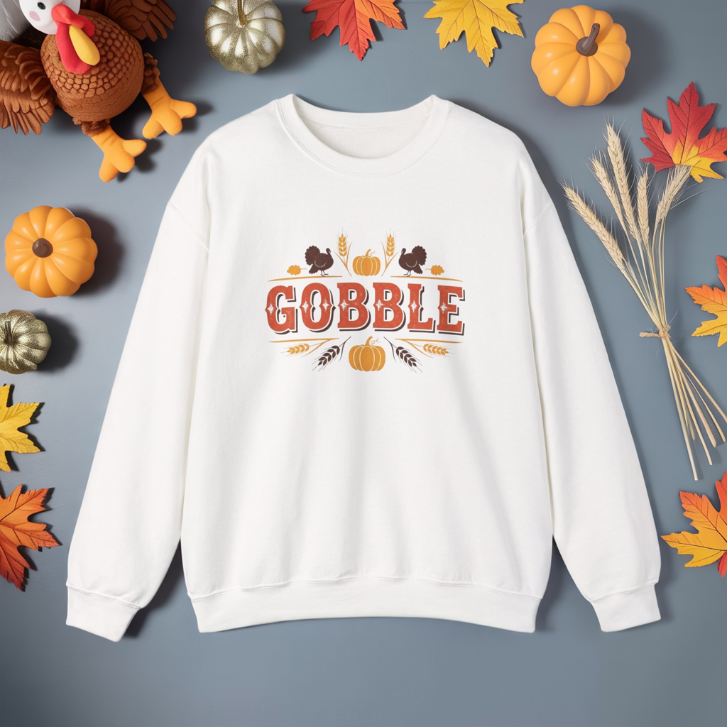 Gobble Thanksgiving Sweatshirt, Fall Pumpkin Turkey Shirt, Cozy Autumn Crewneck, Cute Gobble Pullover, Thanksgiving Dinner Outfit