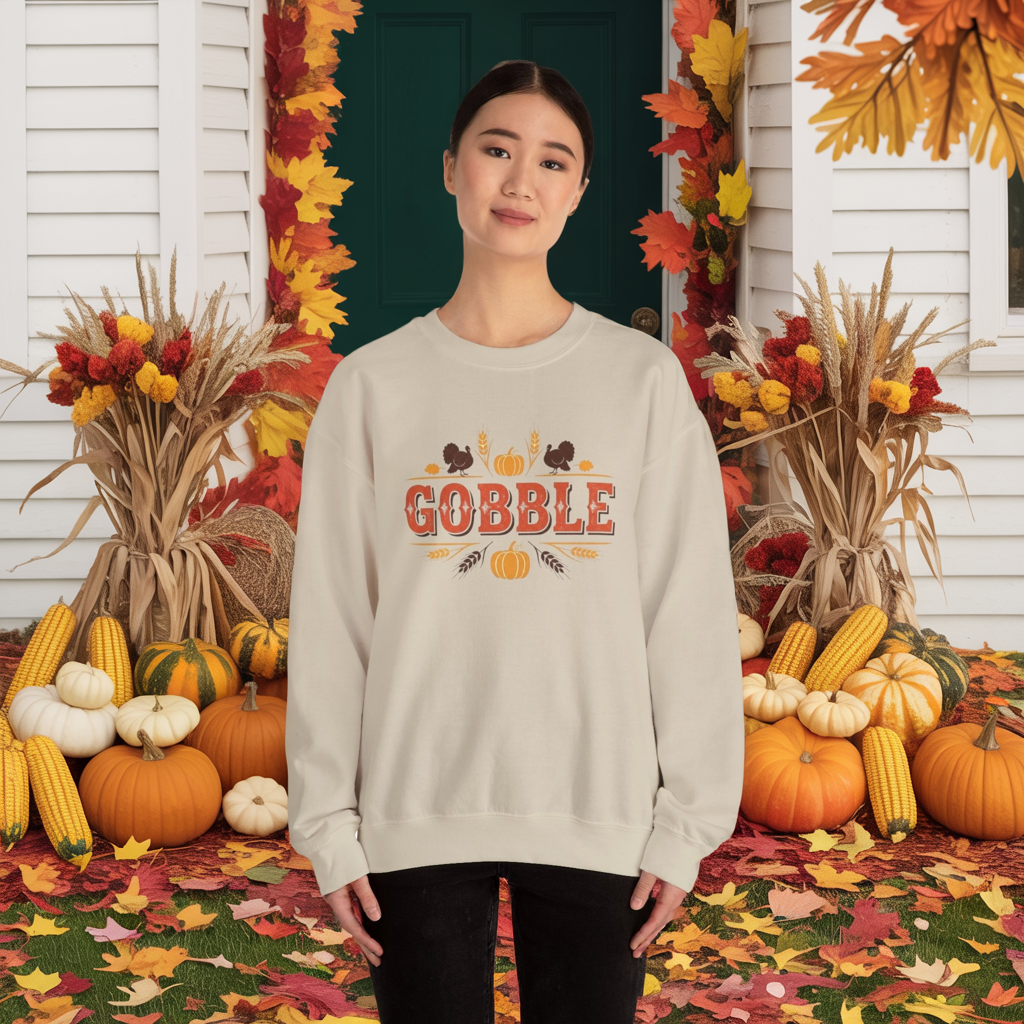 Gobble Thanksgiving Sweatshirt, Fall Pumpkin Turkey Shirt, Cozy Autumn Crewneck, Cute Gobble Pullover, Thanksgiving Dinner Outfit