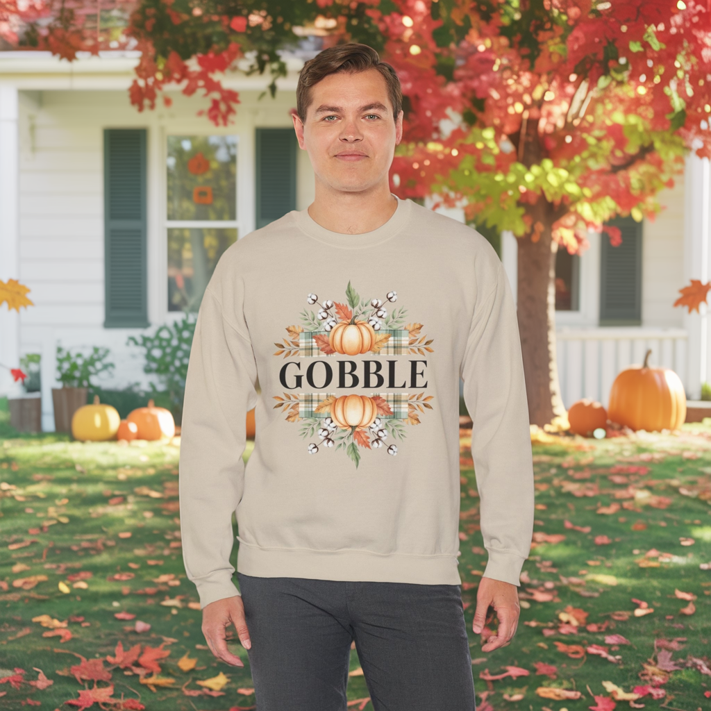 Gobble Turkey Sweatshirt, Thanksgiving Gobble Crewneck, Autumn Pumpkin Leaves Pullover, Fall Graphic Sweatshirt, Cozy Turkey Shirt
