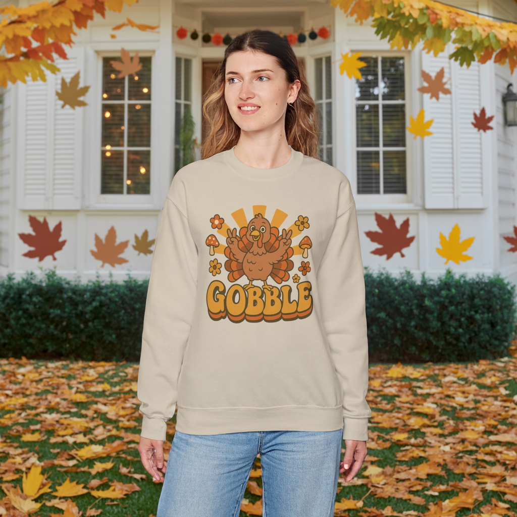 Gobble Turkey Sweatshirt, Retro Fall Turkey Crewneck, Thanksgiving Graphic Pullover, Autumn Mushroom & Flower Design, Cozy Fall Top