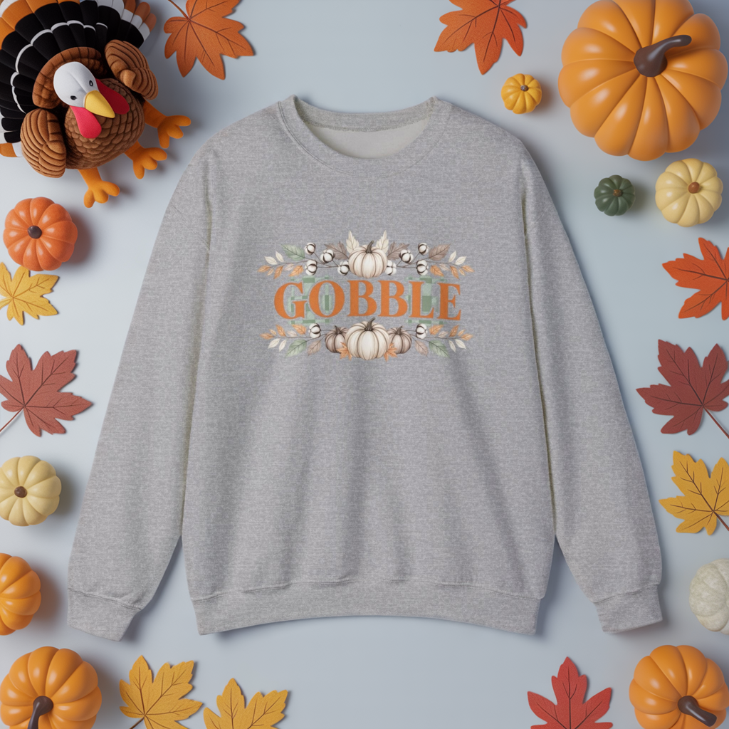 Gobble Thanksgiving Sweatshirt, Neutral Fall Pumpkin Crewneck, Autumn Cotton Stems Leaves Pullover, Cozy Rustic Thanksgiving Top