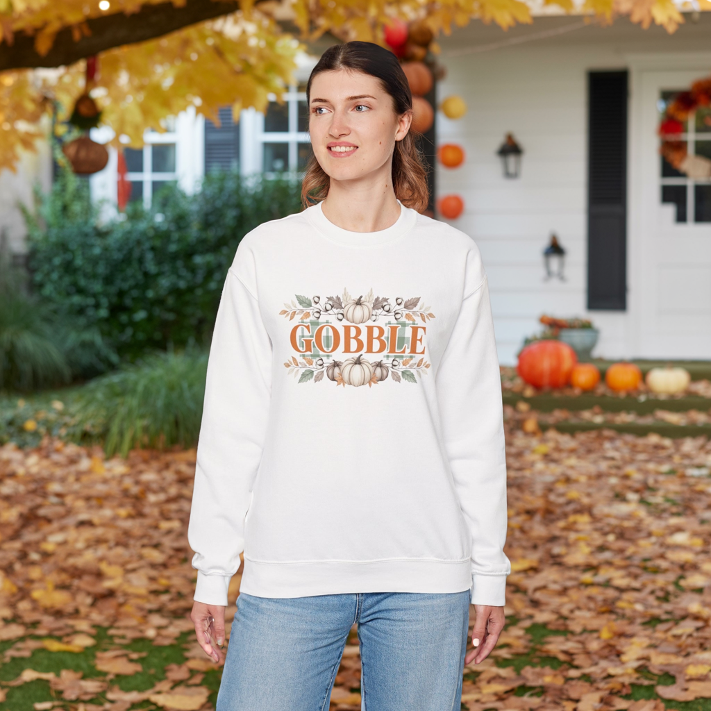 Gobble Thanksgiving Sweatshirt, Neutral Fall Pumpkin Crewneck, Autumn Cotton Stems Leaves Pullover, Cozy Rustic Thanksgiving Top