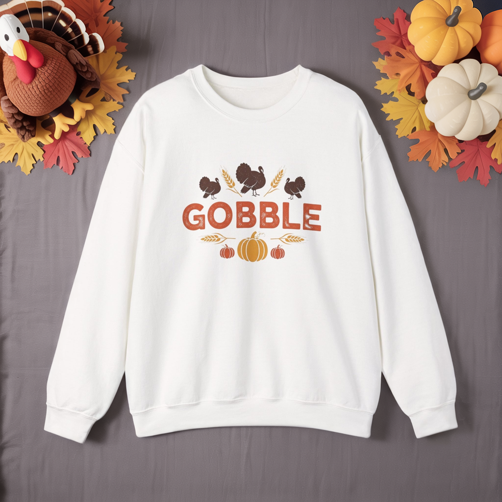 Gobble Turkey Sweatshirt, Thanksgiving Pumpkin Crewneck, Autumn Wheat & Turkey Graphic Pullover, Cozy Fall Family Turkey Day Shirt