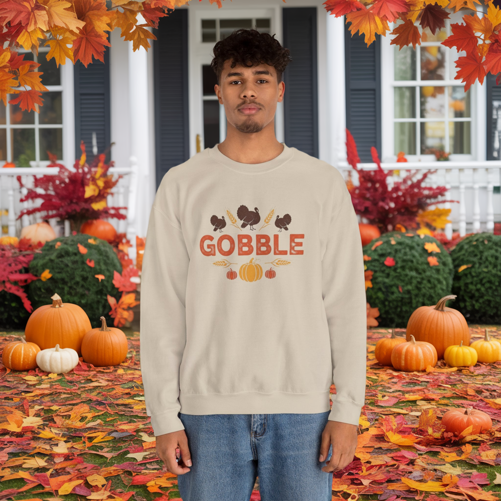Gobble Turkey Sweatshirt, Thanksgiving Pumpkin Crewneck, Autumn Wheat & Turkey Graphic Pullover, Cozy Fall Family Turkey Day Shirt