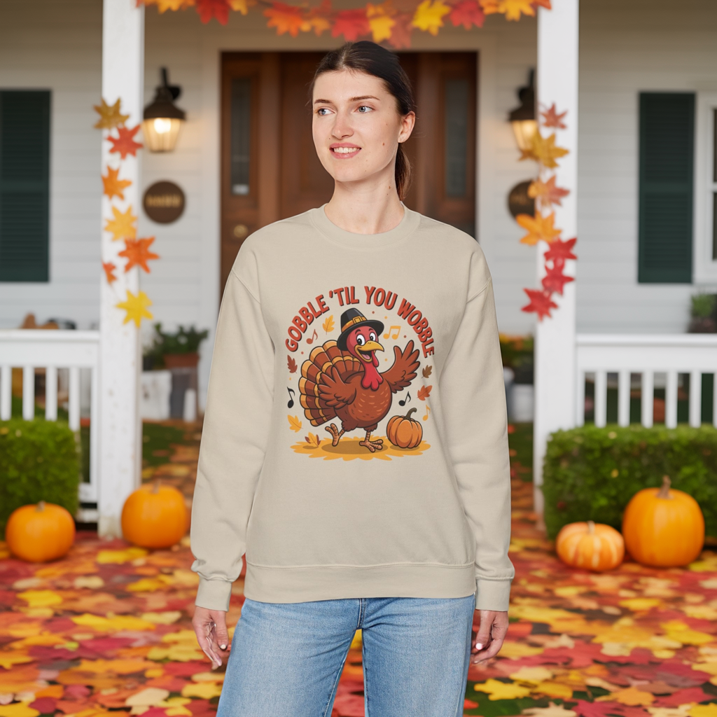 Gobble Til You Wobble Sweatshirt, Funny Cartoon Turkey Thanksgiving Crewneck, Dancing Turkey Fall Pullover, Cozy Friendsgiving Holiday Top