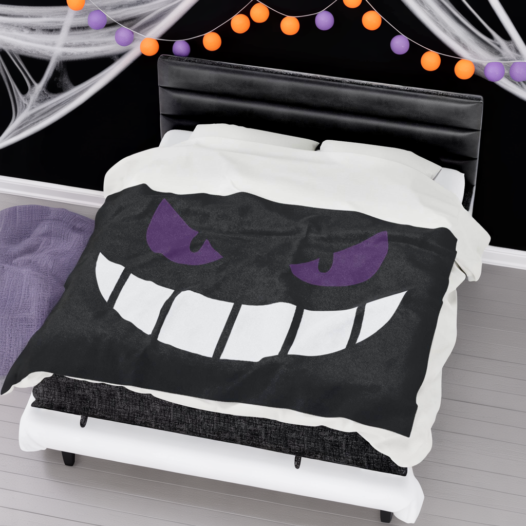 Evil Grin Blanket, Spooky Purple Eyes Throw Blanket, Creepy Cute Gamer Room Decor, Halloween Horror Bedding, Gothic Cozy Plush Blanket