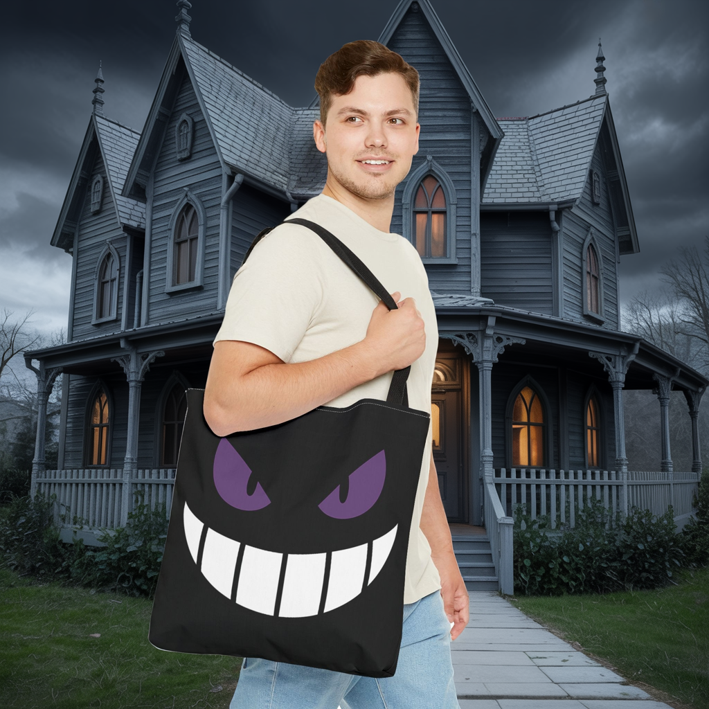 Evil Grin Tote Bag, Spooky Purple Eyes Reusable Shopping Bag, Creepy Cute Halloween Tote, Gothic Horror Canvas Bag, Gamer Room Accessory