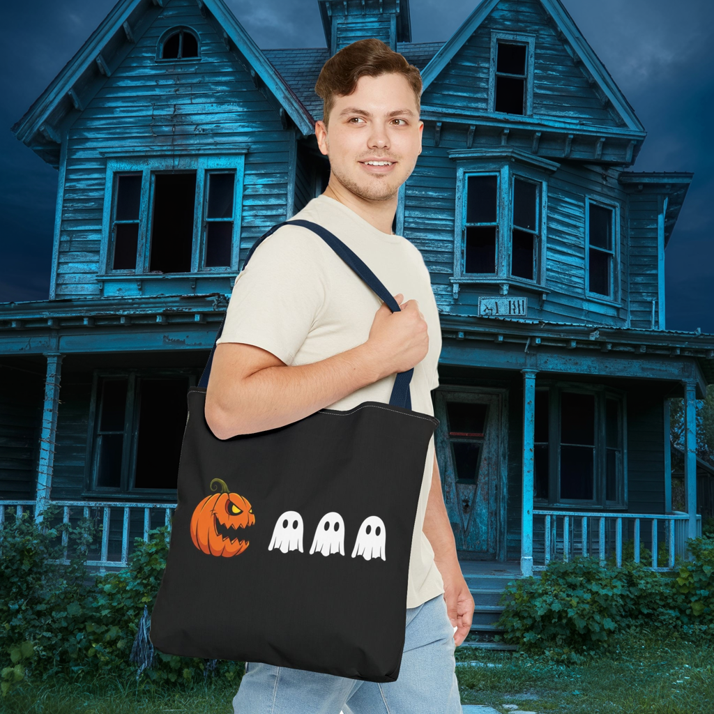 Halloween pumpkin ghost tote bag, spooky trick or treat canvas bag, ghost pumpkin design reusable tote, spooky season gift tote