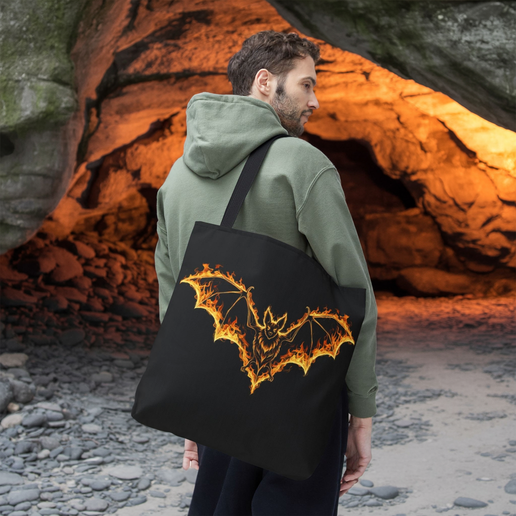 Flaming Bat Tote Bag, Gothic Halloween Canvas Tote, Fiery Wing Bat Design Tote, Spooky Season Accessory, Gothic Gift Tote