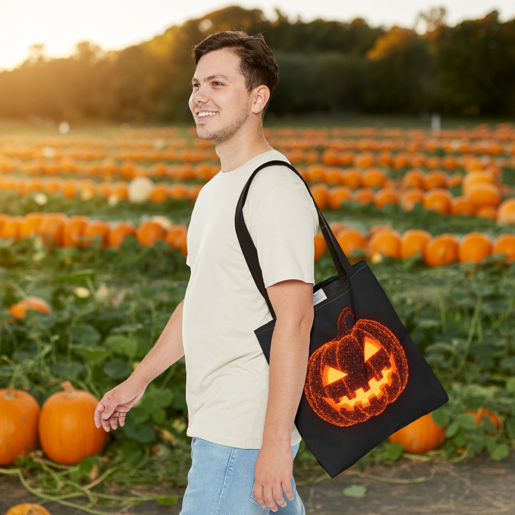 Glowing Pumpkin Tote Bag, Jack O Lantern Halloween Canvas Tote, Spooky Trick Or Treat Bag, Reusable Pumpkin Design Tote, Halloween Gift Bag