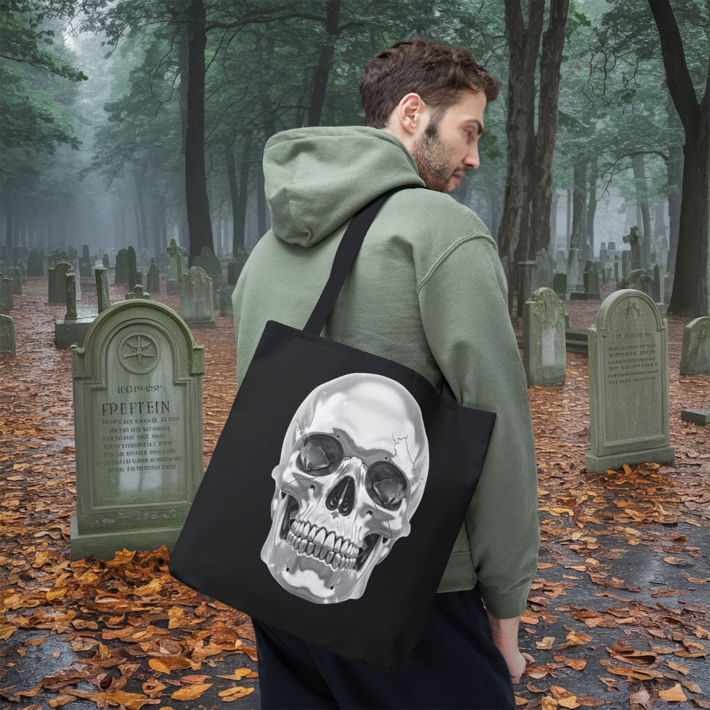 Chrome Skull Tote Bag, Gothic Halloween Canvas Tote, Metallic Skull Design Bag, Spooky Season Accessory, Skull Gift Tote For Horror Fans