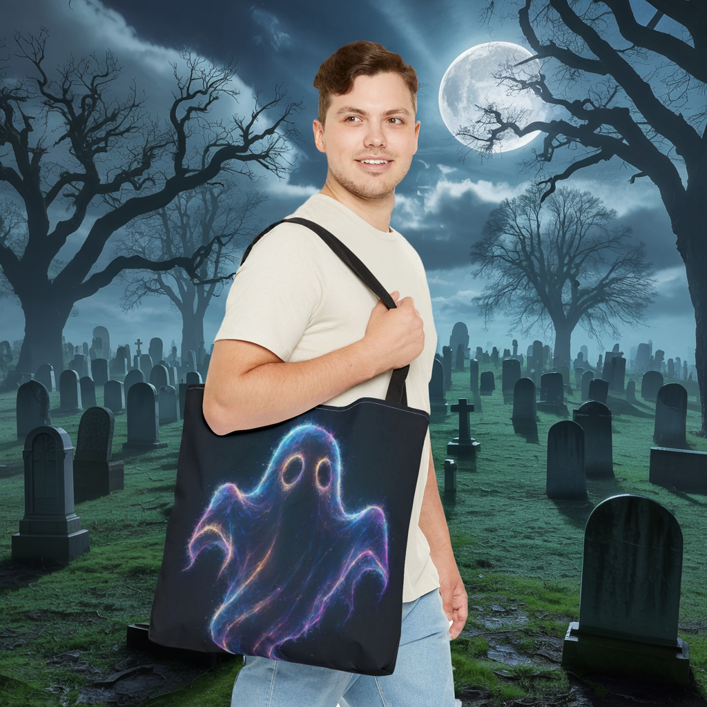 Neon Ghost Tote Bag, Spooky Halloween Canvas Tote, Glowing Cosmic Ghost Design Bag, Reusable Trick Or Treat Tote, Gothic Gift Accessory