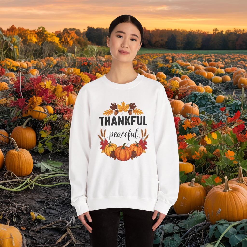 Thankful Peaceful Fall Sweatshirt, Autumn Pumpkin Crewneck, Thanksgiving Sweater, Cozy Seasonal Pullover, Gratitude Gift For Women Men