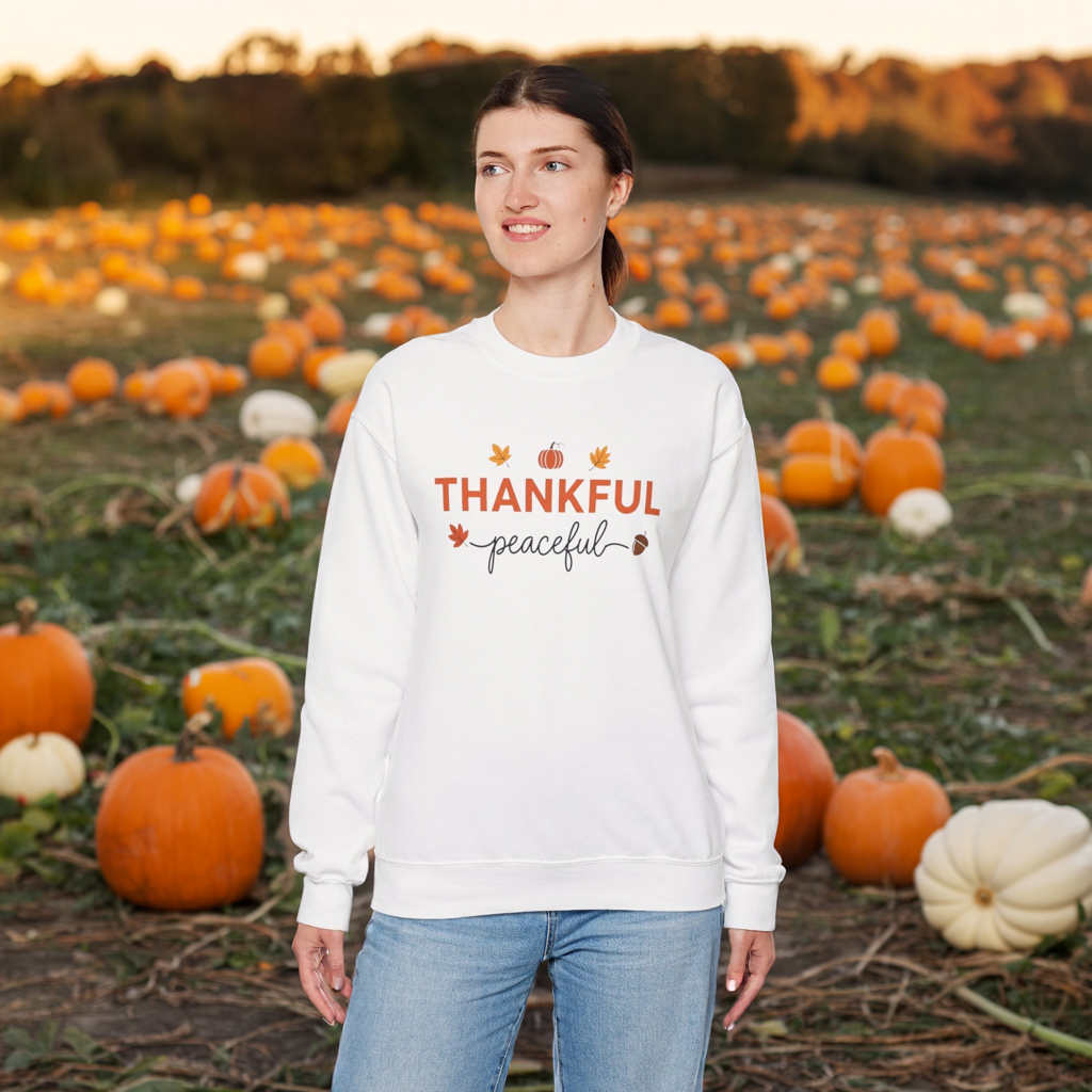 Thankful Peaceful Sweatshirt, Minimalist Fall Crewneck, Autumn Pumpkin Sweater, Thanksgiving Pullover, Cozy Seasonal Gratitude Gift