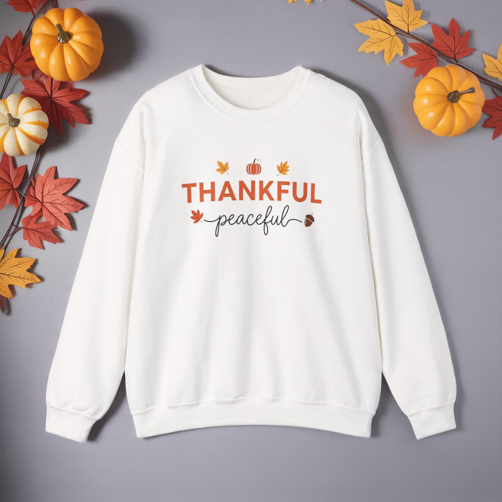 Thankful Peaceful Sweatshirt, Minimalist Fall Crewneck, Autumn Pumpkin Sweater, Thanksgiving Pullover, Cozy Seasonal Gratitude Gift
