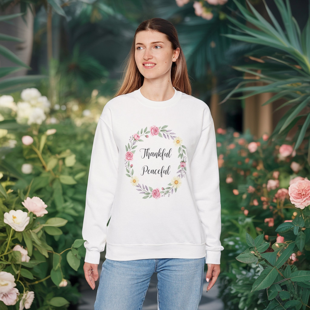 Thankful Peaceful Sweatshirt, Floral Wreath Crewneck, Inspirational Quote Sweater, Positive Message Pullover, Uplifting Gift For Women