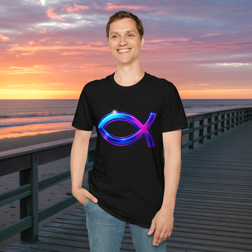 Neon Christian Fish T-Shirt, Modern Faith Tee, Ichthys Jesus Shirt, Spiritual Gift For Men And Women, Glow Cross Symbol Graphic Tee