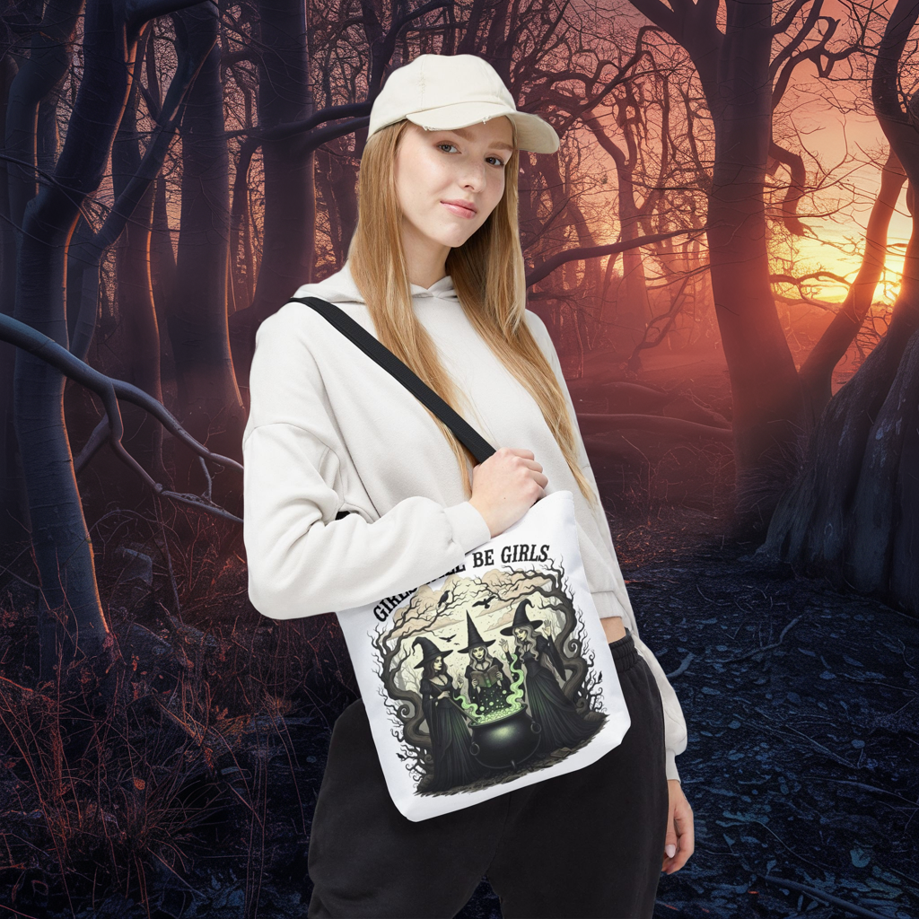 Girls Will Be Girls Halloween Tote Bag, Witchy Aesthetic Bag, Gothic Witches Cauldron Art, Spooky Gift, Reusable Eco Tote For Halloween Lovers
