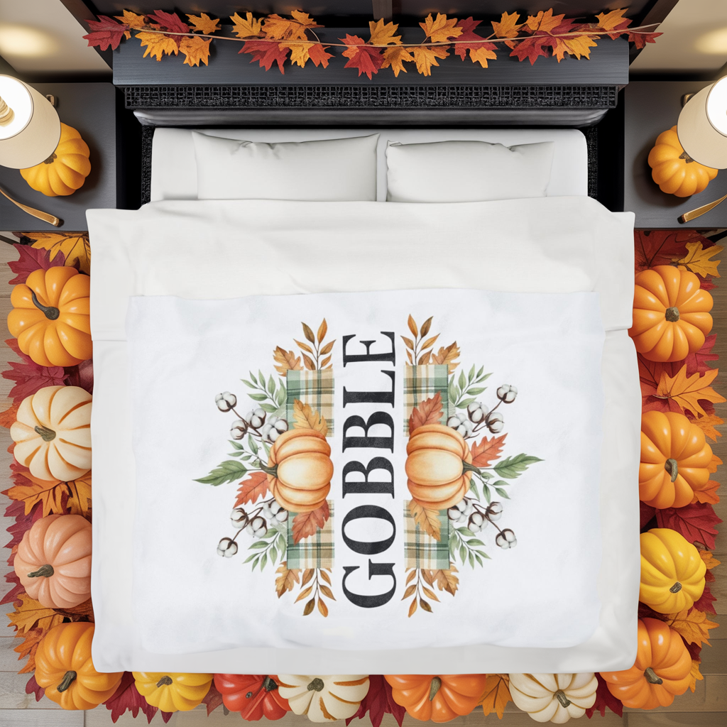 Gobble Fall Blanket, Thanksgiving Throw Blanket With Pumpkins And Leaves, Cozy Autumn Decor, Soft Fleece Blanket Gift For Family Gatherings