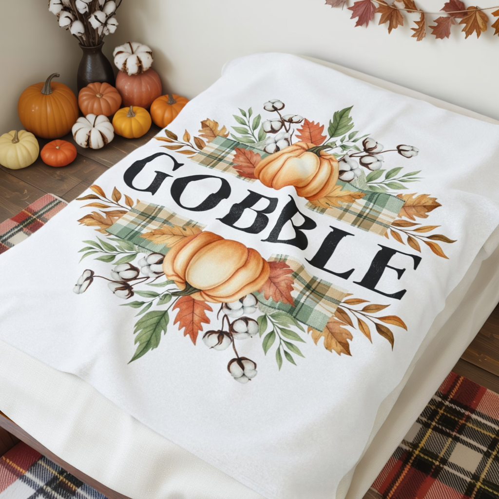 Gobble Fall Blanket, Thanksgiving Throw Blanket With Pumpkins And Leaves, Cozy Autumn Decor, Soft Fleece Blanket Gift For Family Gatherings