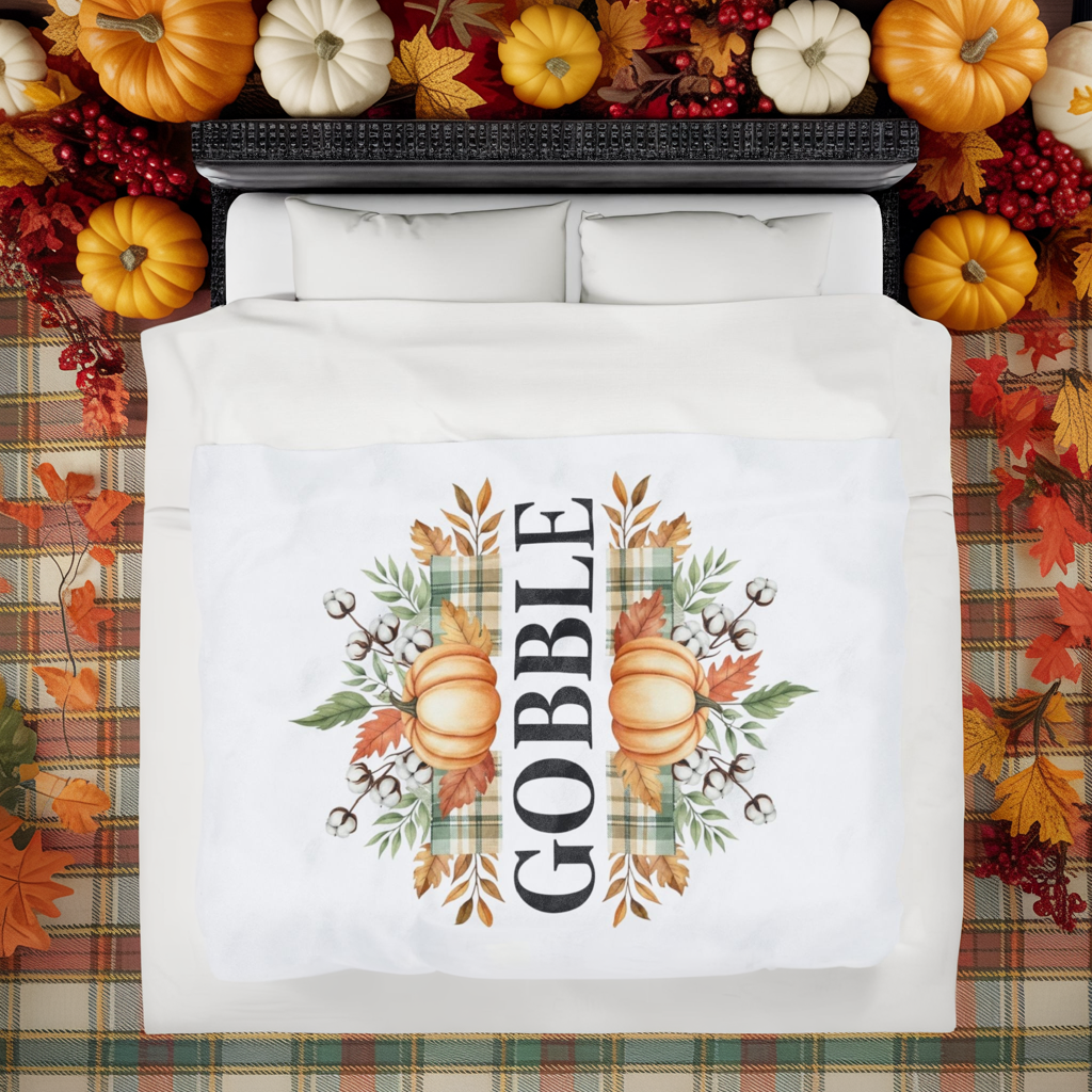 Gobble Fall Blanket, Thanksgiving Throw Blanket With Pumpkins And Leaves, Cozy Autumn Decor, Soft Fleece Blanket Gift For Family Gatherings