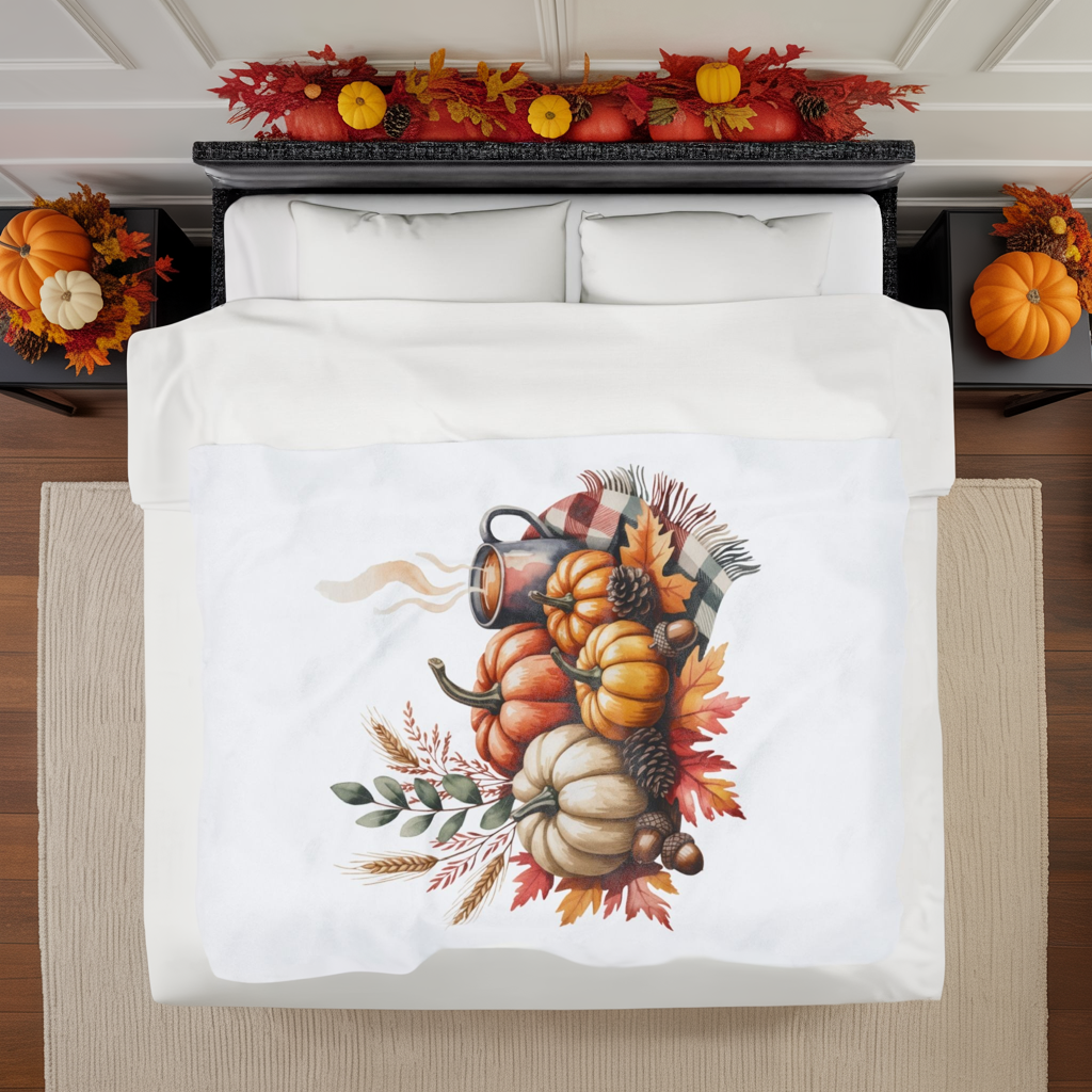 Pumpkin Plaid Fall Blanket, Cozy Autumn Throw Blanket With Pumpkins And Coffee Mug, Thanksgiving Decor, Soft Fleece Blanket Gift For Home