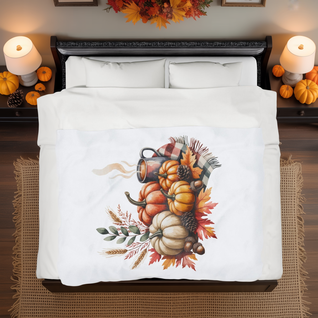 Pumpkin Plaid Fall Blanket, Cozy Autumn Throw Blanket With Pumpkins And Coffee Mug, Thanksgiving Decor, Soft Fleece Blanket Gift For Home