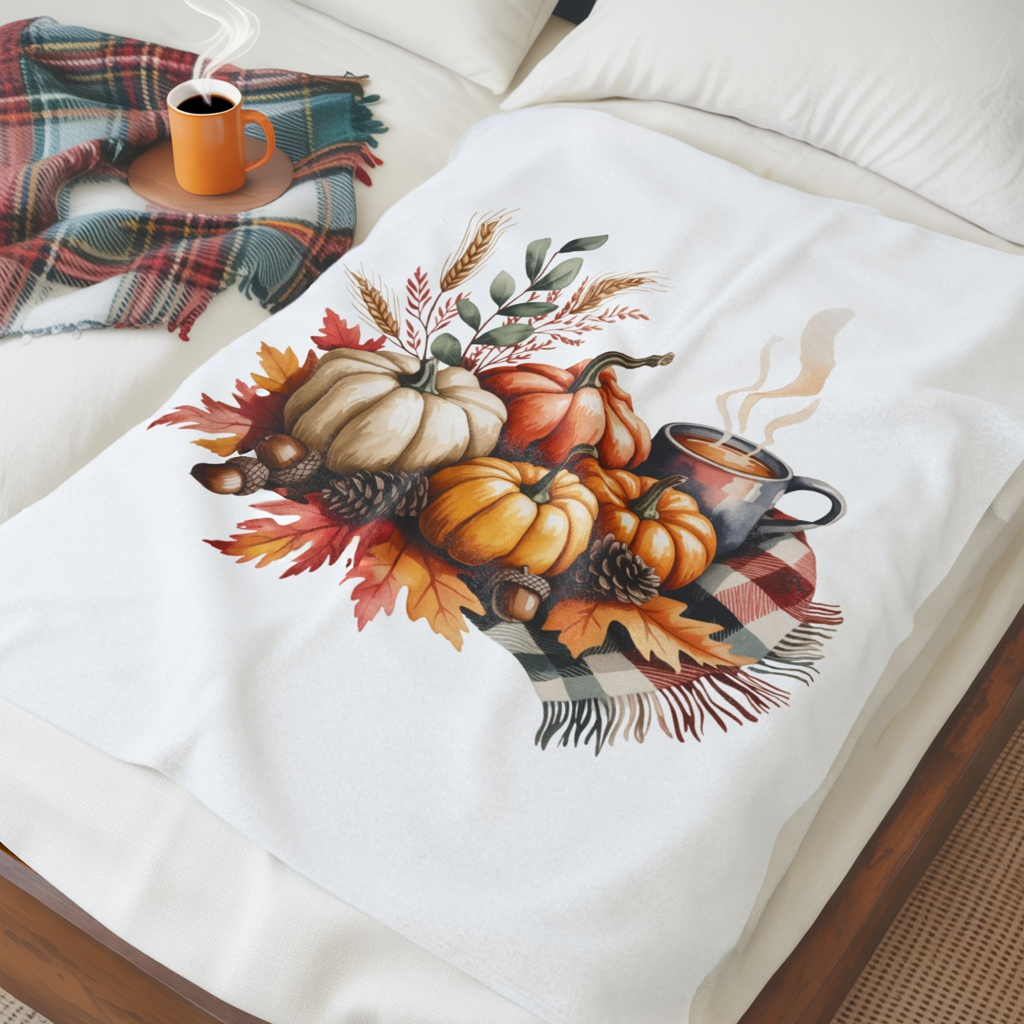 Pumpkin Plaid Fall Blanket, Cozy Autumn Throw Blanket With Pumpkins And Coffee Mug, Thanksgiving Decor, Soft Fleece Blanket Gift For Home