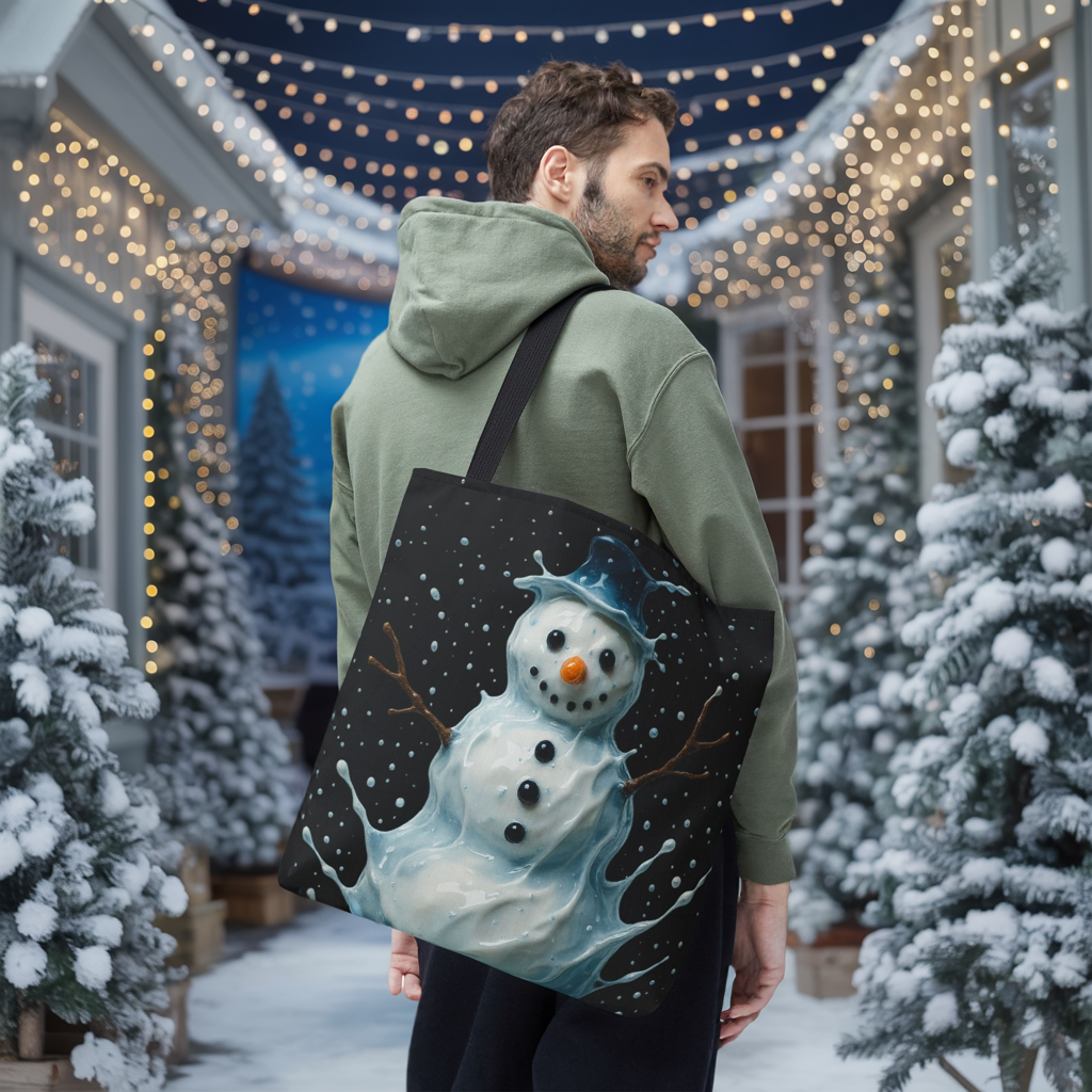 Winter Snowman Tote Bag, Festive Christmas Gift Bag, Holiday Shopping Tote, Snowy Season Accessory, Reusable Winter Art Bag For Everyday Use