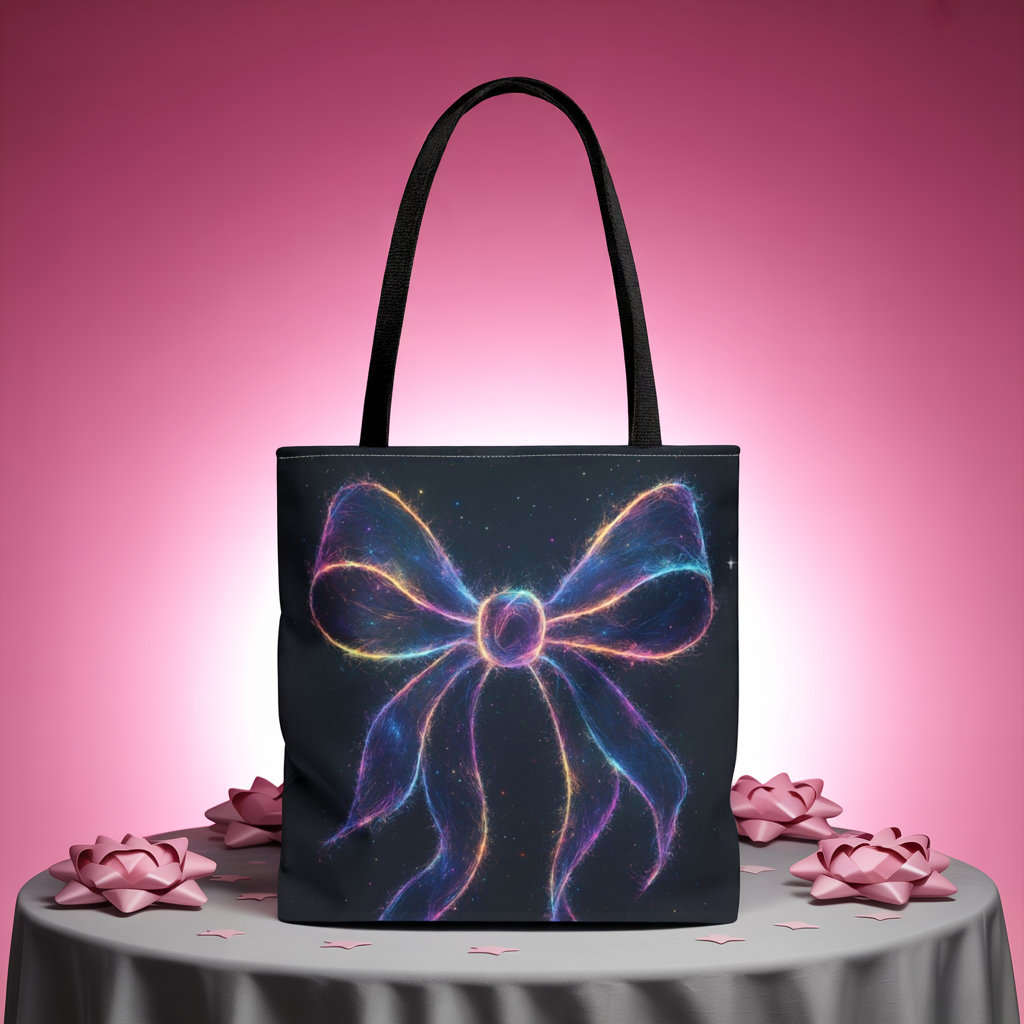 Galaxy Glow Bow Tote Bag, Cosmic Neon Ribbon Design, Black Space Art Bag, Celestial Gift For Her, Stylish Reusable Everyday Tote