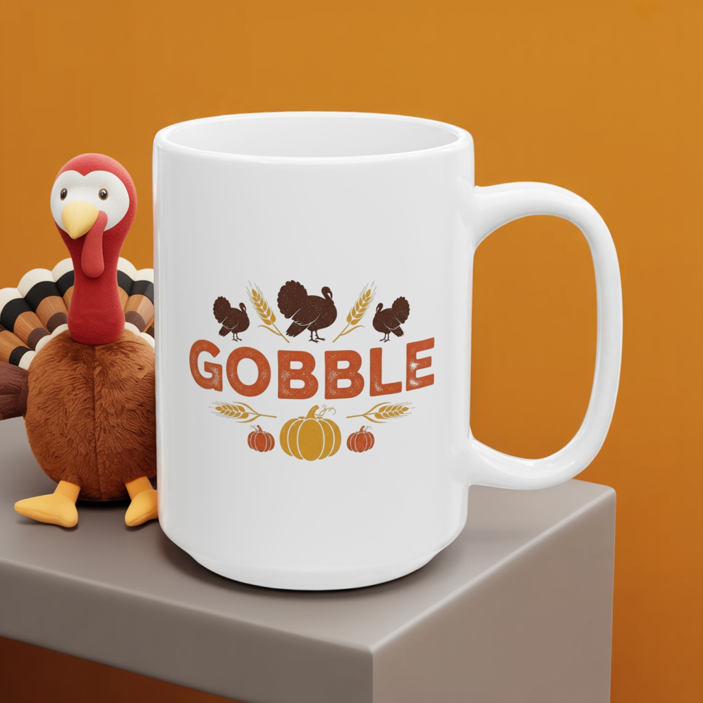 Gobble Thanksgiving Mug, Fall Turkey Coffee Cup With Pumpkins And Harvest Design, Festive Autumn Ceramic Mug For Holiday Decor And Gifts