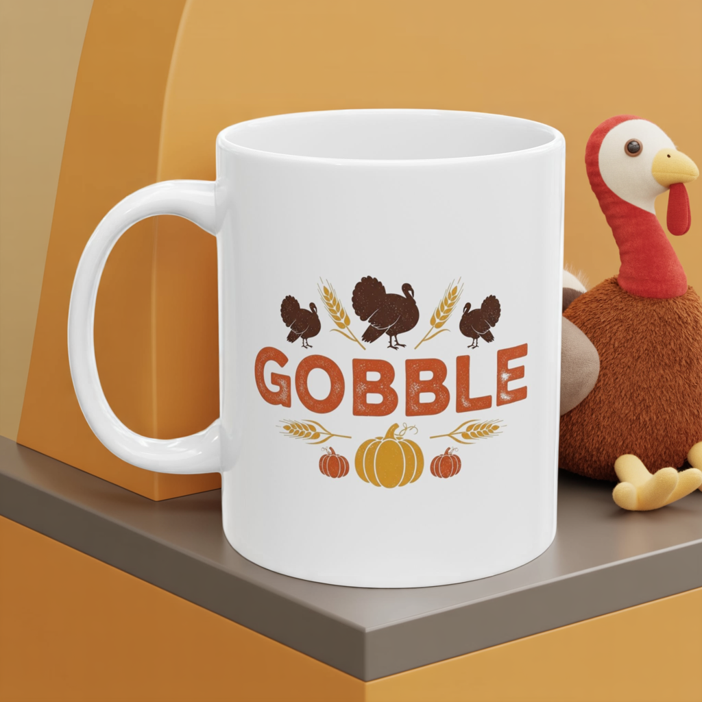Gobble Thanksgiving Mug, Fall Turkey Coffee Cup With Pumpkins And Harvest Design, Festive Autumn Ceramic Mug For Holiday Decor And Gifts