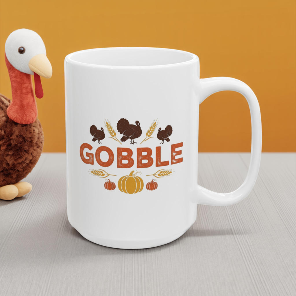 Gobble Thanksgiving Mug, Fall Turkey Coffee Cup With Pumpkins And Harvest Design, Festive Autumn Ceramic Mug For Holiday Decor And Gifts