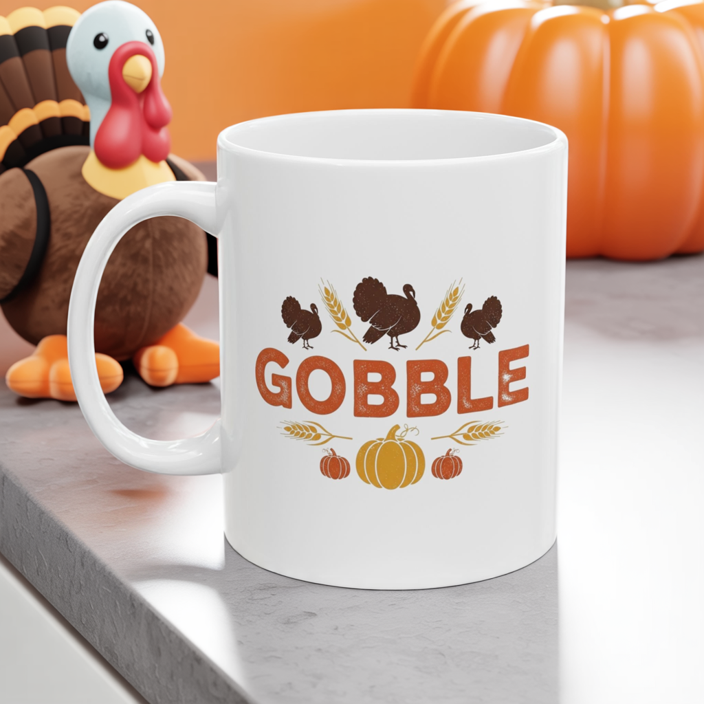 Gobble Thanksgiving Mug, Fall Turkey Coffee Cup With Pumpkins And Harvest Design, Festive Autumn Ceramic Mug For Holiday Decor And Gifts