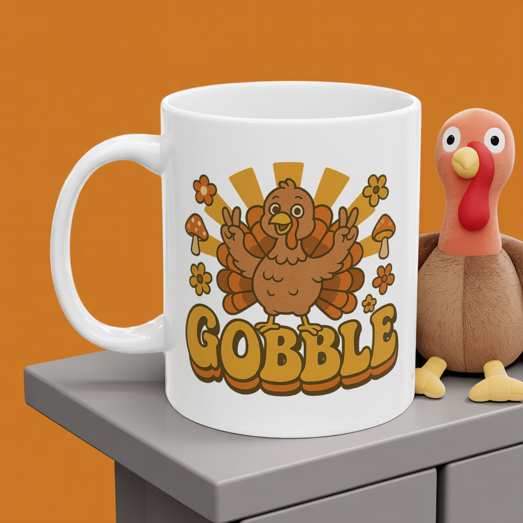 Retro Gobble Thanksgiving Mug, Cute Turkey Coffee Cup With 70s Fall Design, Funny Autumn Ceramic Mug For Holiday Decor And Festive Gifts