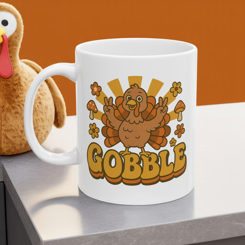 Retro Gobble Thanksgiving Mug, Cute Turkey Coffee Cup With 70s Fall Design, Funny Autumn Ceramic Mug For Holiday Decor And Festive Gifts