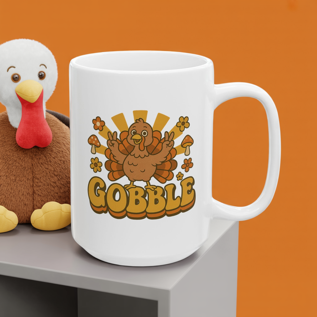 Retro Gobble Thanksgiving Mug, Cute Turkey Coffee Cup With 70s Fall Design, Funny Autumn Ceramic Mug For Holiday Decor And Festive Gifts
